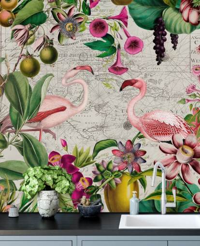 Light gray background with vibrant green tropical leaves, pink flowers and pink flamingos wallpaper