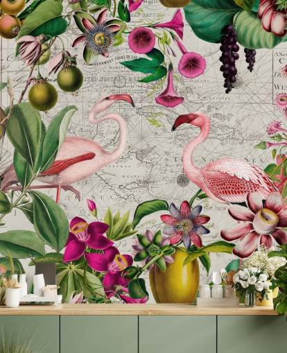 Light gray background with vibrant green tropical leaves, pink flowers and pink flamingos wallpaper