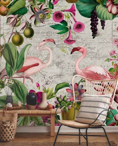 Ljusgrå bakgrund med levande gröna tropiska blad, rosa blommor och rosa flamingos tapet