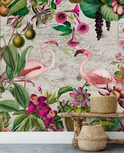 Lys grå bakgrunn med levende grønne tropiske blader, rosa blomster og rosa flamingoer tapet Lys grå bakgrunn med levende grønne tropiske blader, rosa blomster og rosa flamingoer tapet