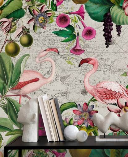 Light grey background with vibrant green tropical leaves, pink flowers and pink flamingos wallpaper Light grey background with vibrant green tropical leaves, pink flowers and pink flamingos wallpaper