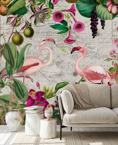 Vaaleanharmaa tausta elinvoimainen vihreä trooppisia lehtiä, vaaleanpunaisia kukkia ja vaaleanpunainen flamingos tapetti