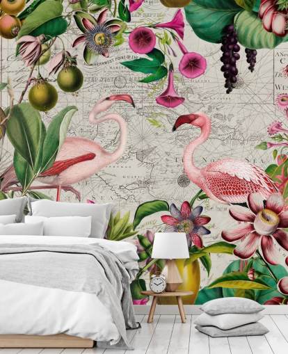 Light grey background with vibrant green tropical leaves, pink flowers and pink flamingos wallpaper