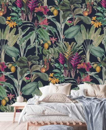 Dark blue background with muted green tropical leavesand purple tropical flowers wallpaper