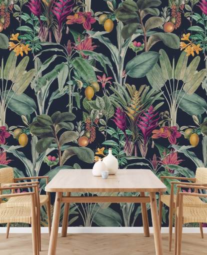 Dark blue background with muted green tropical leavesand purple tropical flowers wallpaper