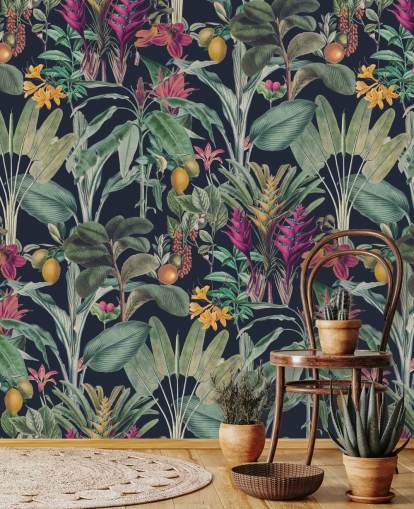 Dark blue background with muted green tropical leavesand purple tropical flowers wallpaper