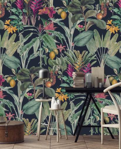 Dark blue background with muted green tropical leavesand purple tropical flowers wallpaper