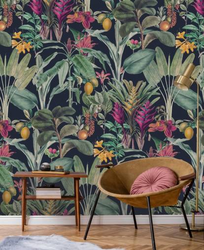 Dark blue background with muted green tropical leavesand purple tropical flowers wallpaper Dark blue background with muted green tropical leavesand purple tropical flowers wallpaper