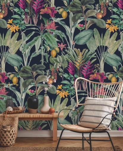 Dark blue background with muted green tropical leavesand purple tropical flowers wallpaper Dark blue background with muted green tropical leavesand purple tropical flowers wallpaper