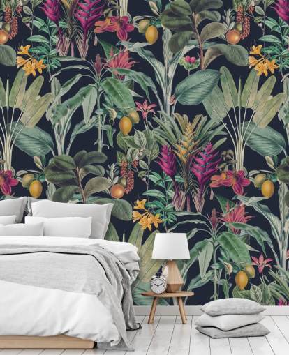 Dark blue background with muted green tropical leavesand purple tropical flowers wallpaper