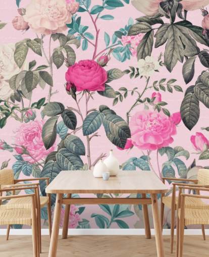 Fundo rosa pastel com rosas rosa e brancas e papel de parede de folhas verdes escuras