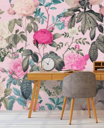 Pastell rosa bakgrund med rosa och vita rosor och mörkgröna blad tapet Pastell rosa bakgrund med rosa och vita rosor och mörkgröna blad tapet