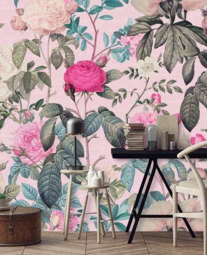 Pastel pink background with pink and white roses and dark green leaves wallpaper