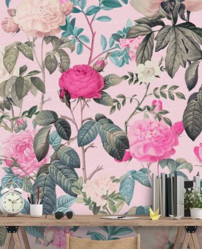 Papel pintado de fondo rosa pastel con rosas rosas y blancas y hojas verde oscuro Papel pintado de fondo rosa pastel con rosas rosas y blancas y hojas verde oscuro