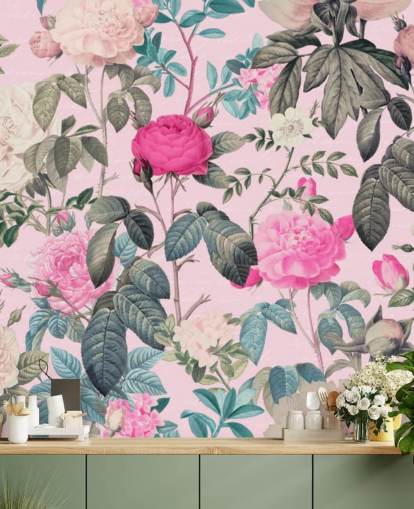 Pastel pink background with pink and white roses and dark green leaves wallpaper