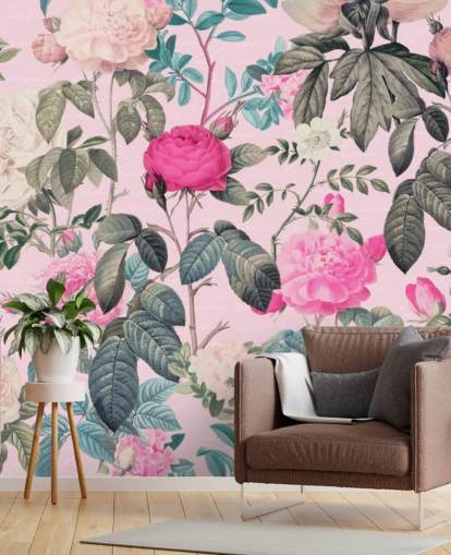 Papel pintado de fondo rosa pastel con rosas rosas y blancas y hojas verde oscuro Papel pintado de fondo rosa pastel con rosas rosas y blancas y hojas verde oscuro