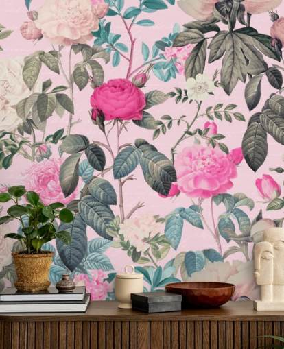 Pastel pink background with pink and white roses and dark green leaves wallpaper
