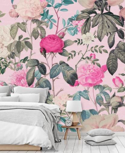 Pastel pink background with pink and white roses and dark green leaves wallpaper