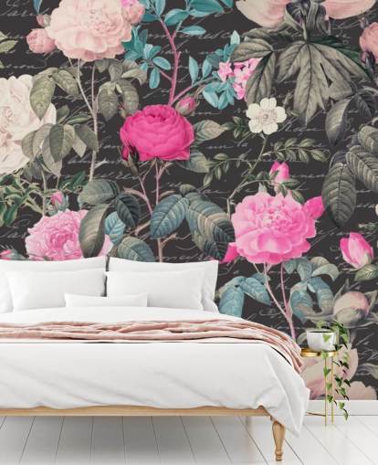 Fondo gris oscuro con grandes flores blancas y rosadas junto con papel pintado de las Escrituras