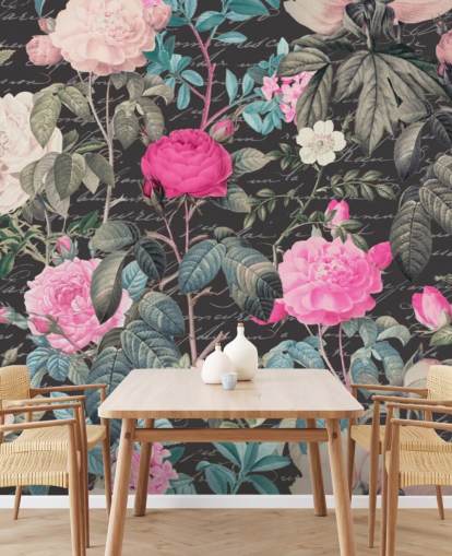 Dark grey background with large white and pink flowers along with scripture wallpaper