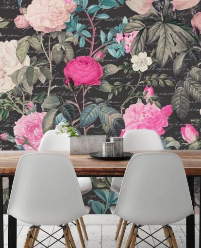 Sfondo grigio scuro con grandi fiori bianchi e rosa e carta da parati delle Scritture