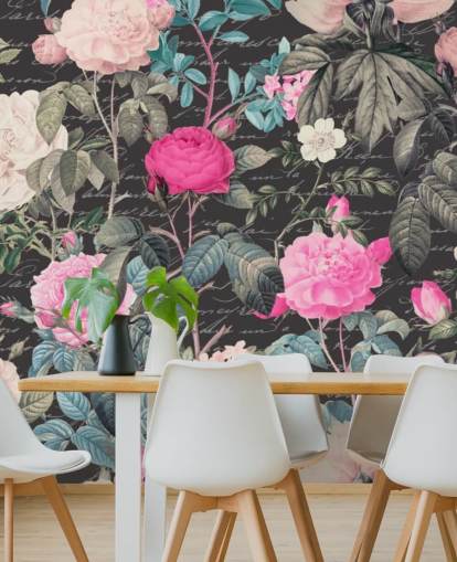 Mörkgrå bakgrund med stora vita och rosa blommor tillsammans med skriftens tapeter Mörkgrå bakgrund med stora vita och rosa blommor tillsammans med skriftens tapeter