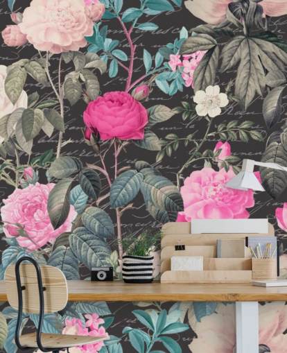 Dark grey background with large white and pink flowers along with scripture wallpaper