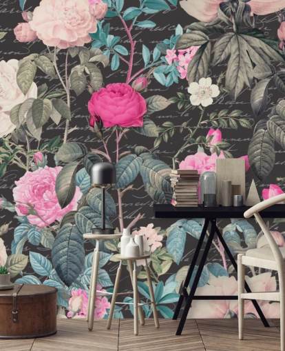 Donkergrijze achtergrond met grote witte en roze bloemen en tekstbehang Donkergrijze achtergrond met grote witte en roze bloemen en tekstbehang