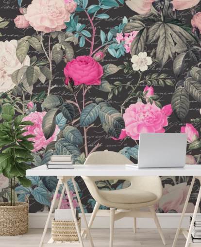 Dark gray background with large white and pink flowers along with scripture wallpaper Dark gray background with large white and pink flowers along with scripture wallpaper