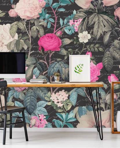 Dark grey background with large white and pink flowers along with scripture wallpaper