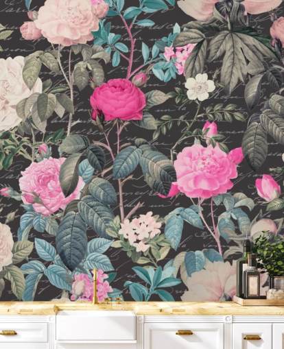 Dark gray background with large white and pink flowers along with scripture wallpaper Dark gray background with large white and pink flowers along with scripture wallpaper