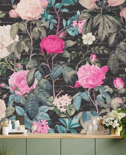 Dark gray background with large white and pink flowers along with scripture wallpaper