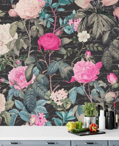 Sfondo grigio scuro con grandi fiori bianchi e rosa e carta da parati delle Scritture