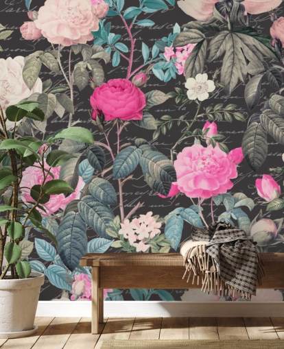 Dark grey background with large white and pink flowers along with scripture wallpaper