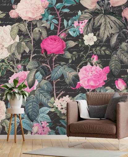 Dark gray background with large white and pink flowers along with scripture wallpaper