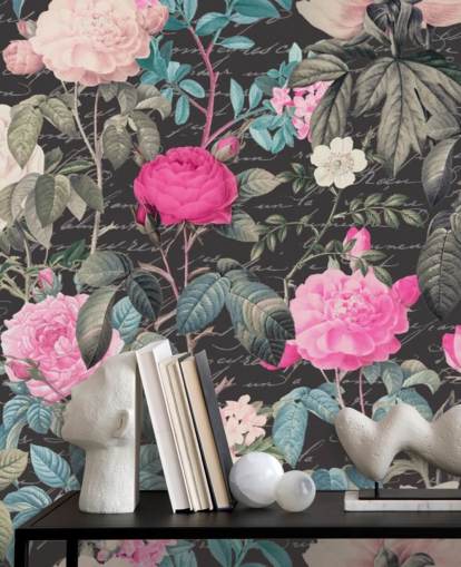 Dark gray background with large white and pink flowers along with scripture wallpaper