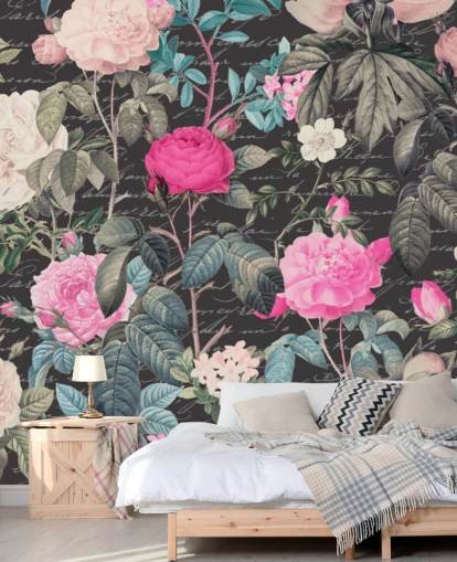 Dark gray background with large white and pink flowers along with scripture wallpaper