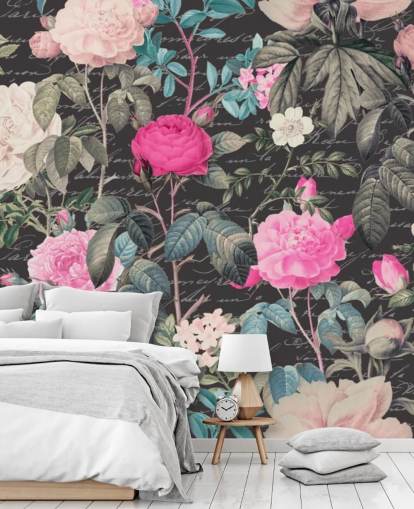 Dark gray background with large white and pink flowers along with scripture wallpaper
