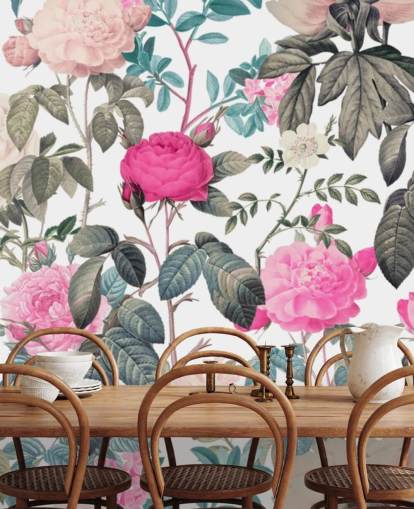 Behang met donkere en lichtroze bloemenrozen