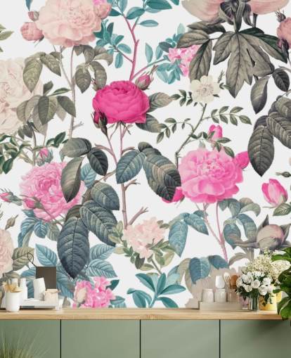 Papel pintado de rosas florales de color rosa oscuro y claro