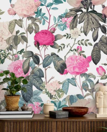 Papel de parede de rosas florais rosa escuro e claro Papel de parede de rosas florais rosa escuro e claro