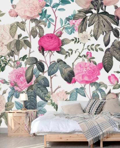 Papel pintado de rosas florales de color rosa oscuro y claro