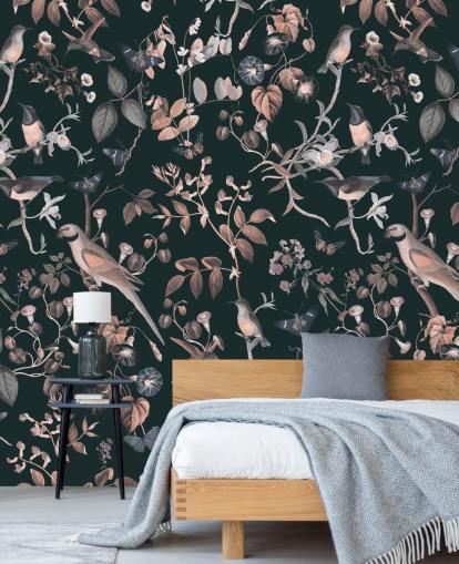 Dunkler Hintergrund mit beigen und weißen Reben- und Vogeltapete