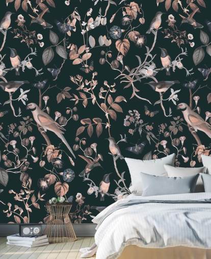 Dark background with beige and white vines and birds wallpaper