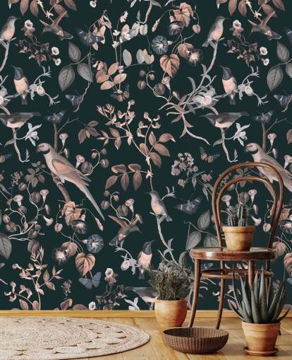 Dark background with beige and white vines and birds wallpaper