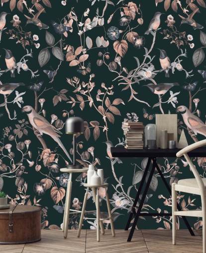 Dark background with beige and white vines and birds wallpaper