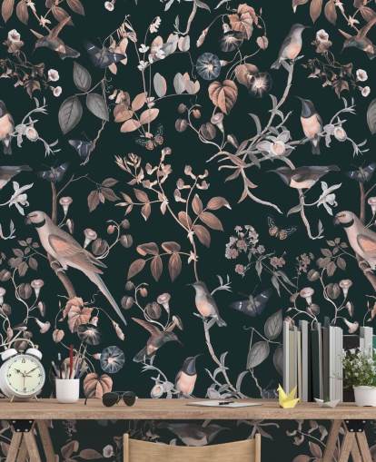 Dark background with beige and white vines and birds wallpaper Dark background with beige and white vines and birds wallpaper