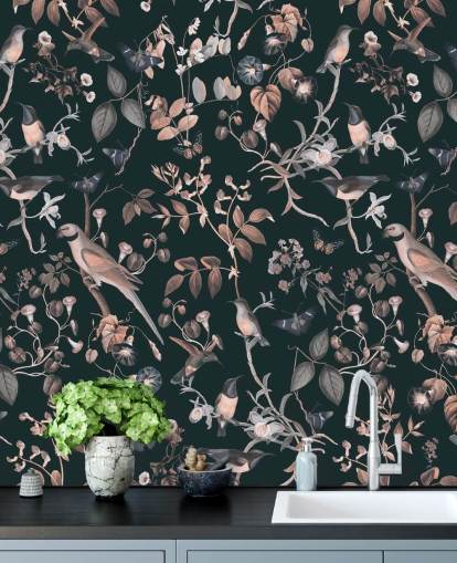 Dark background with beige and white vines and birds wallpaper