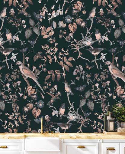 Dark background with beige and white vines and birds wallpaper Dark background with beige and white vines and birds wallpaper