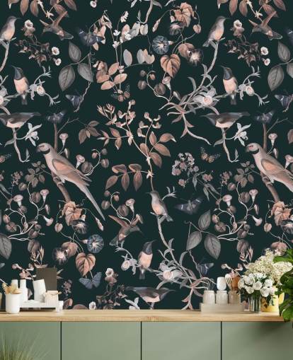 Dark background with beige and white vines and birds wallpaper